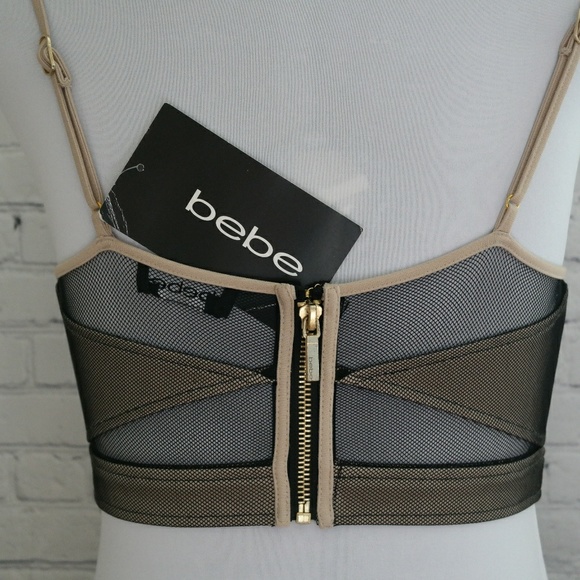 bebe Tops - Bebe Net Mesh Zip Up Bodycon Crop Top Bralette S